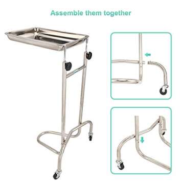 Konmee Mobile Instrument Stand Mayo Instrument Tray Stand Medical Doctor Tattoo Spa Salon Equipment Procedure Trays with Stainless Steel