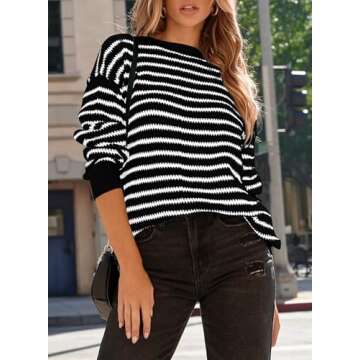 Dokotoo Womens Sweaters Cute Stylish Fall Winter Fashion Cable Knit Pullover Sweaters Crewneck Color Block Long Sleeve Striped Comfy Loose Side Split Sweaters Jumper Tops Black Large