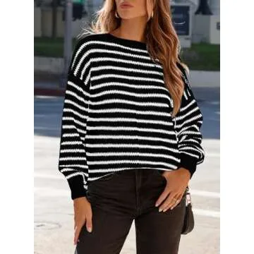 Dokotoo Womens Sweaters Cute Stylish Fall Winter Fashion Cable Knit Pullover Sweaters Crewneck Color Block Long Sleeve Striped Comfy Loose Side Split Sweaters Jumper Tops Black Large
