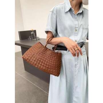 Chic Rejolly Basket Bag for Women Woven Leather Top Handle Tote Handbag