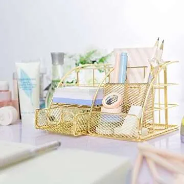 AUPSEN Gold Desk Organizer, Mesh Office Supplies Desk Accessories, Features 5 Compartments + 1 Mini Sliding Drawer