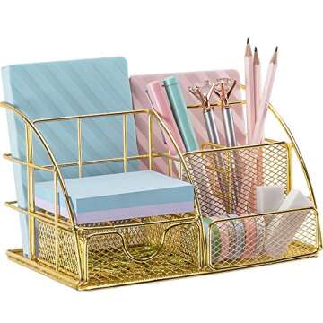 AUPSEN Gold Desk Organizer, Mesh Office Supplies Desk Accessories, Features 5 Compartments + 1 Mini Sliding Drawer