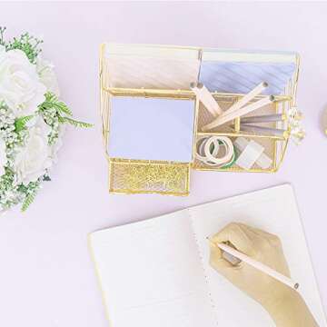 AUPSEN Gold Desk Organizer, Mesh Office Supplies Desk Accessories, Features 5 Compartments + 1 Mini Sliding Drawer