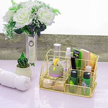 AUPSEN Gold Desk Organizer, Mesh Office Supplies Desk Accessories, Features 5 Compartments + 1 Mini Sliding Drawer
