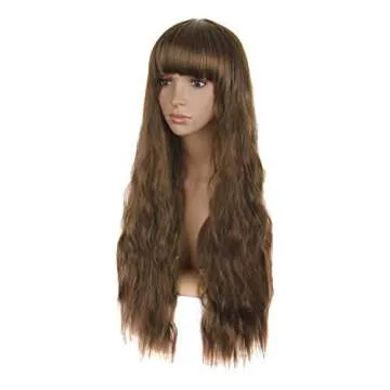MapofBeauty 28 Inch/70 cm Beautiful Women's Flat Bang Long Wave Curly Wigs (Brown)