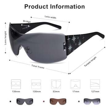 SOJOS Y2K Sunglasses Oversized Shield Rimless Wrap Around Sunnies One-Piece Lens SJ2278,(STAR)