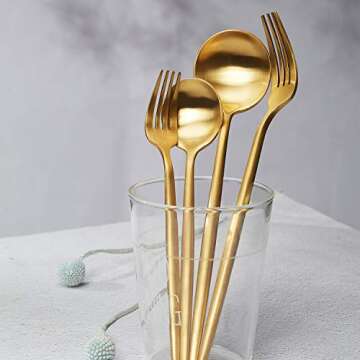 HF HOFTEN Luxury Gold Silverware Set, 20-Piece Golden Stainless Steel Flatware Sets for 4, Tableware Eating Utensils Titanium Gold Plated, Dishwasher Safe, Great for Wedding