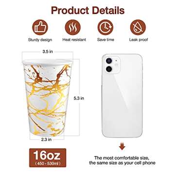 Golden Marble Pattern Design Disposable Coffee Cups with Lids, 74 Set,16 oz Hot Paper Coffee Cup wit...