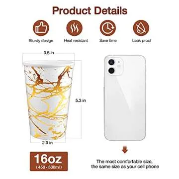 Golden Marble Pattern Design Disposable Coffee Cups with Lids, 74 Set,16 oz Hot Paper Coffee Cup wit...