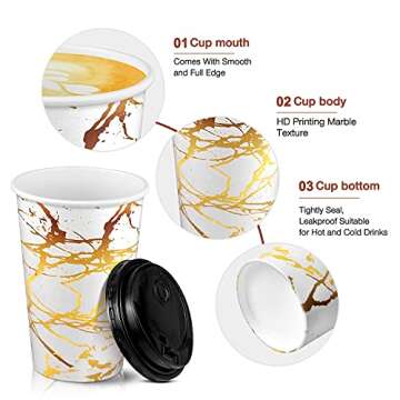 Golden Marble Pattern Design Disposable Coffee Cups with Lids, 74 Set,16 oz Hot Paper Coffee Cup with Lids, for Coffee Tea Hot Chocolate Drinks, Restaurant, Kiosks, Shops, Cafes (White)