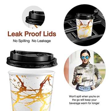 Golden Marble Pattern Design Disposable Coffee Cups with Lids, 74 Set,16 oz Hot Paper Coffee Cup with Lids, for Coffee Tea Hot Chocolate Drinks, Restaurant, Kiosks, Shops, Cafes (White)