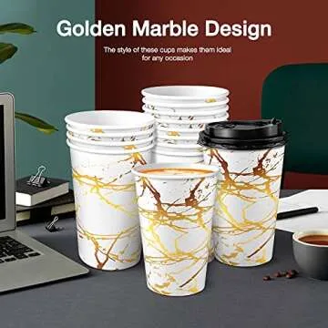 Golden Marble Pattern Design Disposable Coffee Cups with Lids, 74 Set,16 oz Hot Paper Coffee Cup with Lids, for Coffee Tea Hot Chocolate Drinks, Restaurant, Kiosks, Shops, Cafes (White)