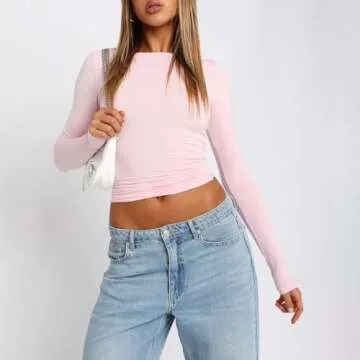 Dupes Long Sleeve Tops Women Fitted Tight Shirt Basic Going Out Crop Tops Y2k Tee Crew Neck Skinny T-Shirt (Pink, S)
