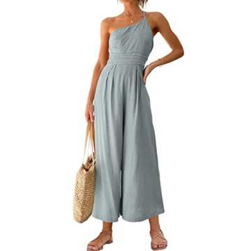 ANRABESS Women's Summer Straps One Shoulder High Waist Dressy Casual Wide Leg Linen Jumpsuit Romper ...
