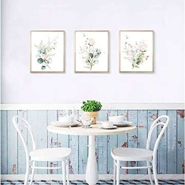 Botanical Rose Simple Life Green Leaf Painting Bathroom Wall Decor Art Print Set of 3(8”X10”), Watercolor Modern Bohemia Botanical Floral Leaves Kitchen Plant Pictures, Boho Leaf Eucalyptus Wall Décor
