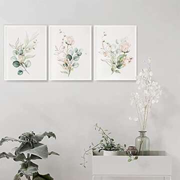 Botanical Rose Simple Life Green Leaf Painting Bathroom Wall Decor Art Print Set of 3(8”X10”), Watercolor Modern Bohemia Botanical Floral Leaves Kitchen Plant Pictures, Boho Leaf Eucalyptus Wall Décor