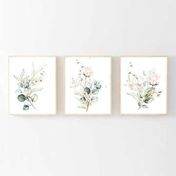 Botanical Rose Simple Life Green Leaf Painting Bathroom Wall Decor Art Print Set of 3(8”X10”), Watercolor Modern Bohemia Botanical Floral Leaves Kitchen Plant Pictures, Boho Leaf Eucalyptus Wall Décor