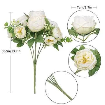Nubry Artificial Flowers 2 Bunches Fake Peony Silk Flowers Arrangements with Eucalyptus Leaves Faux Realistic Bouquet for Wedding Decoration Home Table Centerpiece (Cream White)