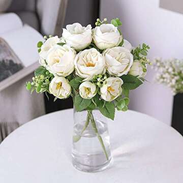 Nubry Artificial Flowers 2 Bunches Fake Peony Silk Flowers Arrangements with Eucalyptus Leaves Faux Realistic Bouquet for Wedding Decoration Home Table Centerpiece (Cream White)