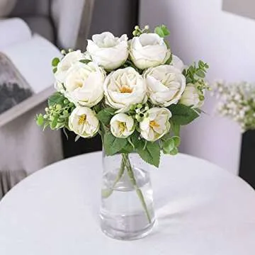 Nubry Artificial Flowers 2 Bunches Fake Peony Silk Flowers Arrangements with Eucalyptus Leaves Faux Realistic Bouquet for Wedding Decoration Home Table Centerpiece (Cream White)