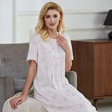 Keyocean Nightgown for Women, 100% Cotton Soft Lightweight Short Sleeves Ladies Sleeping Gown, Cream with Pink Floral, Medium