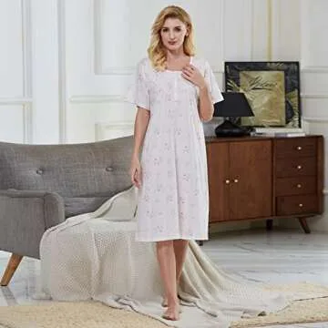 Keyocean Nightgown for Women, 100% Cotton Soft Lightweight Short Sleeves Ladies Sleeping Gown, Cream with Pink Floral, Medium