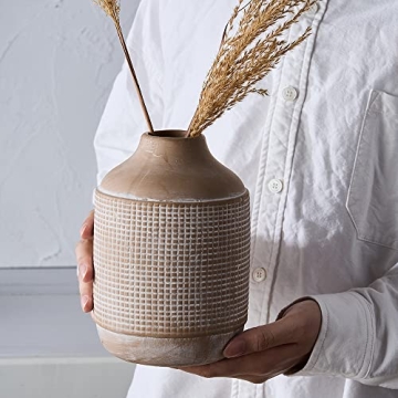 SIDUCAL Ceramic Rustic Farmhouse Vase, Sand Glaze Finish Boho Vase, Pottery Decorative Flower Vase for Home Decor, Table, Living Room Decoration, Shelf Decor, Mantel, 7 Inch, Beige
