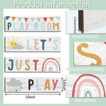 4 Pieces Kids Playroom Decor Colorful Play Room Signs Wall Hanging Decor Funny Quotes Sign Boho Wood...