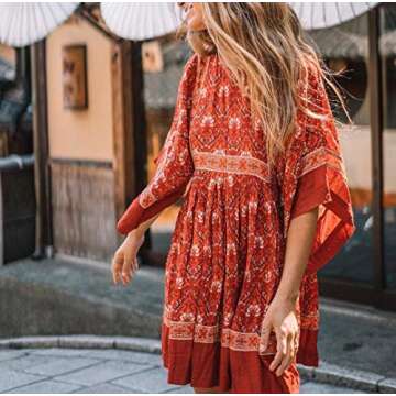 R.Vivimos Women's Summer Cotton Half Sleeve Casual Loose Bohemian Floral Tunic Dresses (Large, Red)