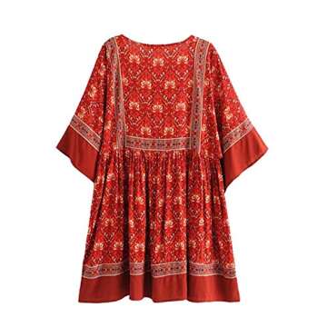 R.Vivimos Women's Summer Cotton Half Sleeve Casual Loose Bohemian Floral Tunic Dresses (Large, Red)
