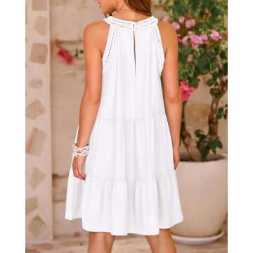 BTFBM Women Sleeveless Halter Dresses Casual Hollow Out A-Line Tiered Swing Sundress 2024 Spring Summer Beach Mini Dress(Solid White, Small)