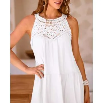 BTFBM Women Sleeveless Halter Dresses Casual Hollow Out A-Line Tiered Swing Sundress 2024 Spring Summer Beach Mini Dress(Solid White, Small)