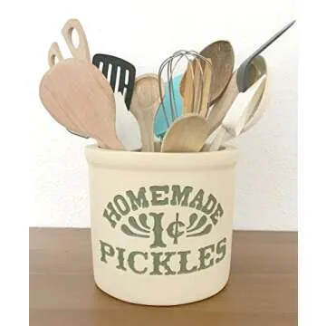 Handmade with Love by Fatima. Utensils holder in Monica’s kitchen. Homemade 1 cent Pickles Jar. Housewarming Gift. Great present for your friends. Totally Handmade.