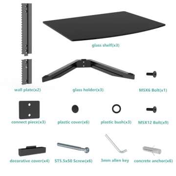 WALI Floating Entertainment Center Shelves, Holds Up to 17.6lbs, TV Shelf with Strengthened Tempered Glasses for DVD Players, Cable Boxes, Games Consoles, TV Accessories (CS303B), 3 Shelf, Black
