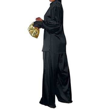 Satin Two Piece Outfits for Women - Silk Long Sleeve Button Down Wide Leg Loungewear Pajama Set Fashion Streetwear Black