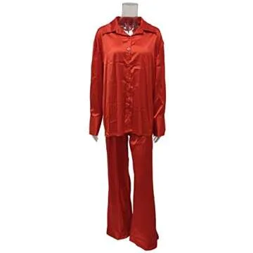 Satin Two Piece Outfits for Women - Silk Long Sleeve Button Down Wide Leg Loungewear Pajama Set Fashion Streetwear Black