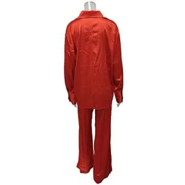 Satin Two Piece Outfits for Women - Silk Long Sleeve Button Down Wide Leg Loungewear Pajama Set Fashion Streetwear Black