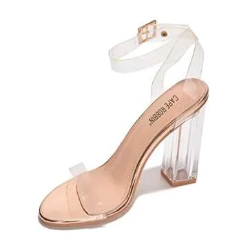 Cape Robbin Maria-2 Clear Chunky Block High Heels for Women, Transparent Strappy Open Toe Shoes Heels for Women - Rose Gold Size 7.5
