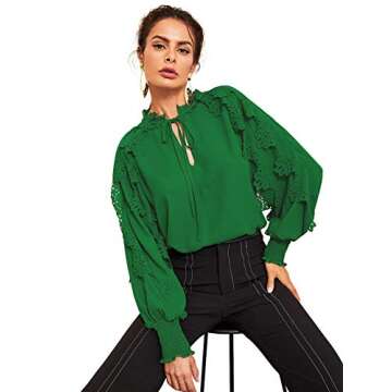 Floerns Women's Long Sleeve Tie Bow Neck Long Sleeve Ruffle Work Blouse Top A Green XS