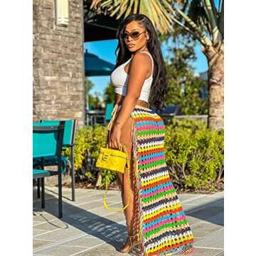 Mintsnow Women Sexy Tassel High Slit Crochet Sarongs Wrap Coverup Summer Knit See Through Maxi Skirts Beach Swimsuit S Multicolor