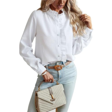 ELFTOWN Women's Ruffle Trim Button Up Long Sleeve Blouse Top Cotton Stand Collar Elegant Work Shirt ...