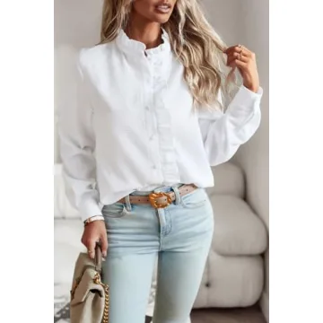 ELFTOWN Women's Ruffle Trim Button Up Long Sleeve Blouse Top Cotton Stand Collar Elegant Work Shirt (X-Large, White)