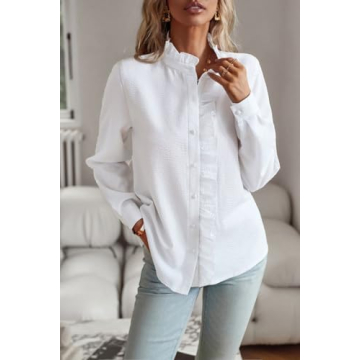 ELFTOWN Women's Ruffle Trim Button Up Long Sleeve Blouse Top Cotton Stand Collar Elegant Work Shirt (X-Large, White)