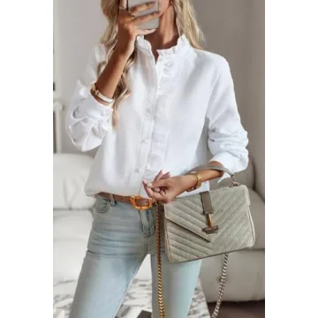 ELFTOWN Women's Ruffle Trim Button Up Long Sleeve Blouse Top Cotton Stand Collar Elegant Work Shirt (X-Large, White)