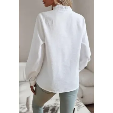 ELFTOWN Women's Ruffle Trim Button Up Long Sleeve Blouse Top Cotton Stand Collar Elegant Work Shirt (X-Large, White)