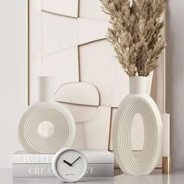 Ceramic Vase - Set of 2 for Home Decor,White Round Pampas Vases Minimalist Nordic Boho Style for Mod...