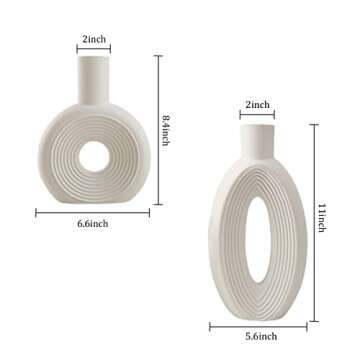 Ceramic Vase - Set of 2 for Home Decor,White Round Pampas Vases Minimalist Nordic Boho Style for Modern Farmhouse Decor, Living Room、 Kitchen、Mantle、Bedroom、Dining Table、Office