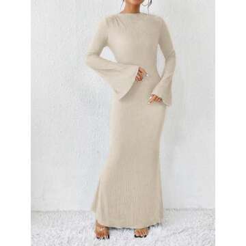 Narecte Fall Dresses for Women 2024 Maxi Dresses Solid Color Boho Dresses Flare Sleeve Dress Bodycon Dresses Apricot L