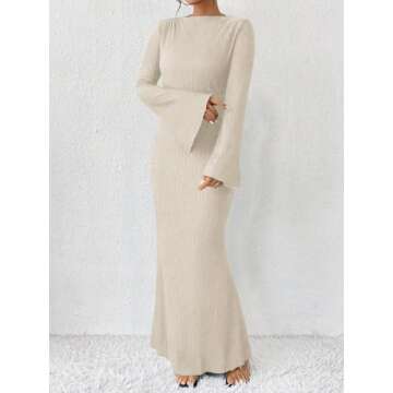 Narecte Fall Dresses for Women 2024 Maxi Dresses Solid Color Boho Dresses Flare Sleeve Dress Bodycon Dresses Apricot L