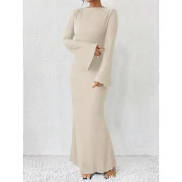 Narecte Fall Dresses for Women 2024 Maxi Dresses Solid Color Boho Dresses Flare Sleeve Dress Bodycon Dresses Apricot L